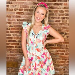 Mine Baby Blue & Pink Watercolor Button Down Dress | Summer Short Dress | Size M